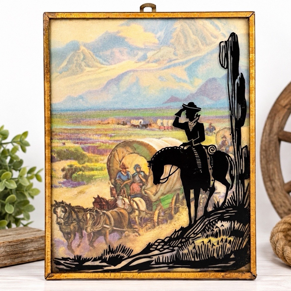 Vintage Western Cowboy Reverse Painted Convex Glass Framed Art Covered Wagon 5"